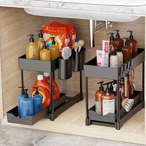 2 Pack Under Sink Organizers and Storage, 2 Tier Kitchen Sink Organizer with Pull Out Drawer, Sliding Cabinet Basket Organizer with Hook , Cup, Storage Drawers for Bathroom Cleaning Supplies Organizer