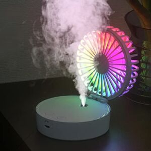 FADACHY Misting Fan Portable Mini Desk Fan with Colorful Night Light, 110° Foldable Cooling Handheld Personal Mister Fan, 3 Speed Usb Rechargeable Small Battery Operated Mist Hand Held Fan for Home Office Travel Outdoor Camping, White