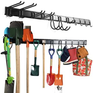QualStorage Tool Storage Rack 15 PCS Adjustable Heavy Duty Garden Organizer Wall Mount Garage Hanger(11 Hooks, 4 Rails)