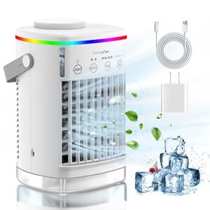 Portable Air Conditioner,4 IN 1 Effective Evaporative Personal Air Cooler with 4 Wind Speed&2 Cool Mist,Small Cold Air Fan with 2-8H timer&Colorful Nightlight for Room,Office,Desk,Camping (White)