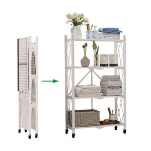 SogesHome Metal Foldable Shelf, 4-Tier Movable Storage Display Shelf Cart, Free-Standing Rack with Rolling Wheel for Kitchen, Living-Room, Bathroom, Bedroom, White