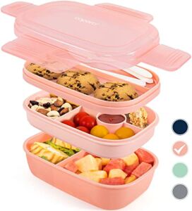 Caperci Stackable Bento Box Adult Lunch Box – 3 Layers All-in-One Lunch Containers with Multiple Compartments for Adults & Kids, 55 oz Large Capacity, Built-in Utensil Set & BPA Free (Pink)