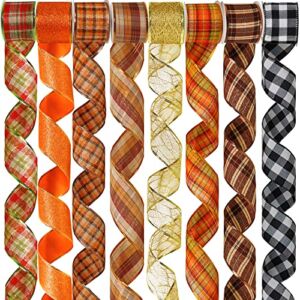 Winlyn 8 Rolls 48 Yards Assorted Fall Wired Ribbons Bulk Autumn Buffalo Check Ribbon Orange Glittered Wired Ribbon Mesh Ribbon Wired 2.5″ Wide for Holiday Fall Wedding Gift Wrapping Bow Wreath Crafts