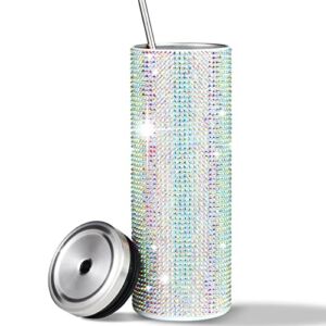 Bling Cup 20oz Rhinestone Water Bottle Glitter Tumbler Diamond Glitter Cups with Lids and Straws Studded Skinny Tumblers Sparkly Gifts for Women (AB Color)