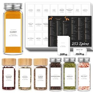 DazSpirit 408 Minimalist Spice Jar Labels, 253 Preprinted + 120 Expiration Date + 35 Blank Labels, Waterproof & Oil Proof Pantry Labels, Herb Spices Kitchen Pantry Stickers for Kitchen Organization