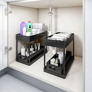 KMIGRUAN 2 Pack Under Sink Organizers and Storage,2 Tier Kitchen and Bathroom Organizer Under Sink Shelf，Multi-function with Hook Under Cabinet Organizer