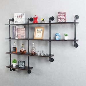Womio 4-Tiers Industrial Floating Shelves Wall Mounted,63inch Rustic Pipe Shelf for Kitchen or Office Organizer,Real Wood&Metal Wall Shelf,Farmhouse Decorative Bookshelf,Home Decor Ladder Shelf,Black