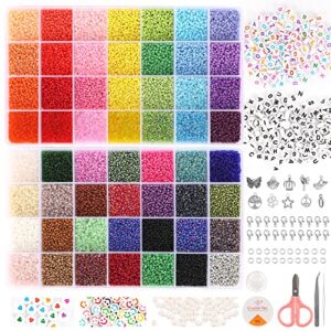 Quefe 45000pcs Glass Seed Beads 56 Colors 2mm Small Beads for Jewelry Making Kit, 260pcs Letter Beads Smiley Face Beads Heart Beads Pearls Rings Lobster Locks Pendants Charms Elastic String