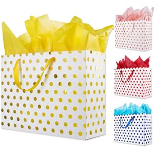 Plauthus 16″ Extra Large Gift Bags for Presents with Tissue Paper for Birthday Party and Baby Shower (4 Packs, Gold, Rose Gold, Blue, Red metallic dots)