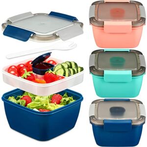 Hotop 4 Pack Salad Lunch Containers 52 oz Bowls with Compartments Tray and Dressings Container Bento Box for Adults Food Fruit Snack, Leak Proof, pink, green and blue