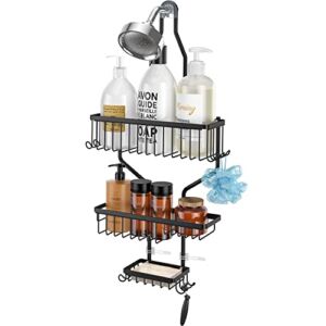 Shower Caddy Over Shower Head – HYSEYY Hanging Shower Caddy for Bathroom, Rustproof Stainless Steel Shower Caddy with 10 Hooks for Soap Shampoo Razor, 3 Shelf, Black
