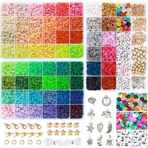 9000 Pcs Clay Beads Bracelet Making Kit,Megoogo 6mm Flat Round Polymer Heishi Beads Jewelry Beading Supplies with Pendant Charms Kit and Elastic Strings for Jewelry Making Kit Bracelets Necklace