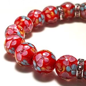 Artsy Crafts 24 Pcs 12mm Lampwork Flower Glass Beads, European Maruno Beads, Handmade Loose Crystal Beads for Jewelry Making Charm Bracelet Necklace Earrings Rosary (Red)