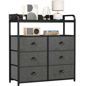 Furologee Dresser 6 Drawers with Double Shelf, Tall Storage Organizer Unit for Bedroom/Living Room/Entryway, Fabric Bins, Wooden Top Dark Grey