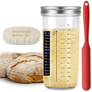 Tyniaide DIY Sourdough Starter Jar Kit, 650ml Sourdough Starter Jar With Thermometer, Silicone Scraper, Cloth Cover And Aluminum Lid. Reusable Sour Dough Starter