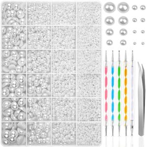 Mckanti 11176pcs Flatback Pearls, 8 Mixd Sizes (2/3/4/5/6/8/10/12mm) Half Round Pearl Beads Loose Beads with 5 Dotting Pens and 1 Tweezer for DIY Crafts Nail Art Making (White)
