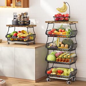 Fruit Basket for Kitchen Wood Top, 5 Tier Stackable Wire Basket Fruit Bowl for Onions and Potatoes, Fruit and Vegetable Storage Stand Cart with Wheels (Black)