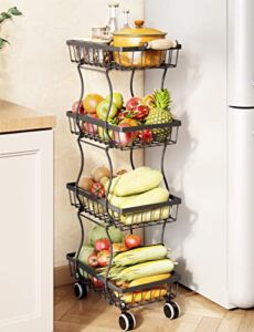 Fruit Basket, Stackable Kitchen Fruit Bowl Wire Vegetable Basket for Onions and Potatoes, 4 Tier Rolling Storage Cart with Wheels (Black)