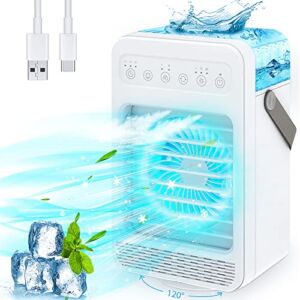 Portable Air Conditioner Fan, 4-IN-1 Evaporative Air Cooler Mini with 2 Mists 4 Speeds, 120°Oscillation, 600ML Tank, 2/4/6H Timer, 7 LED Light, Personal Air Conditioner for Room Office Bedroom Camping