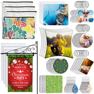 114Pcs Sublimation Blanks Products, Sublimation Blanks Set Including DIY Blank Makeup Bag, Keychain, Earring, Pillow Cover, Mouse Pad, Coaster, Garden Flag for Sublimation Transfer Heat Press Printing