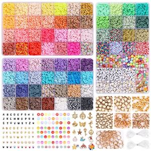 QUEFE 10800pcs Clay Beads Kit for Bracelet Making 72 Colors Flat Round Polymer Clay Beads Spacer Heishi Beads Jewelry Making with Pendant Charms Kit Letter Beads Elastic Strings