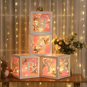 Baby Shower Balloon Box Decorations, 4 Pcs Baby Blocks Transparent Balloon Boxes with Baby Letters, 4 Pack Led Fairy String Lights and 40 Pcs Latex Balloons for Decor (Pink)