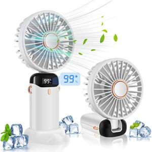 Portable Mini Fans Handheld, 5 Speeds Personal Fans with LED Screen Adjustable Cooling Fan Removable Base, 5000mAh Large Capacity Quiet USB Rechargeable Fan for Home Office Outdoor Travel-White