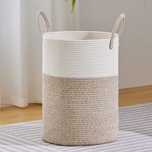 VIPOSCO Large Laundry Hamper, Tall Woven Rope Storage Basket for Blanket, Toys, Dirty Clothes in Living Room, Bathroom, Bedroom – 58L White & Brown