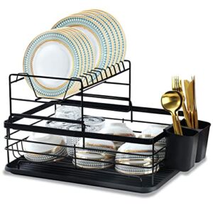 HOMQUEN 2 Layer Dish Drying Rack, Over The Sink Dish Drying Rack, Stainless Steel Dish Racks for Kitchen Counter, Kitchen Dish Drainer with Drainboard and Cup Holder (Black, 16.7”x12.4”x10.5”)