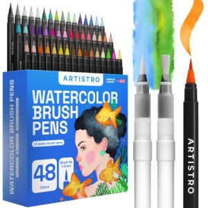 ARTISTRO Watercolor Brush Pens, 48 Colors Set + 2 Water Brush Pens. Unique Vivid Colors. Real Brush Pens for Artists and Adults. Great for Creating Illustrations, Calligraphy, and Watercolor Effects
