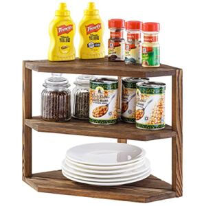 MyGift Rustic Brown Solid Wood Kitchen Counter Corner Shelf, 3 Tier Storage Organizer Spice Rack Condiment Shelf