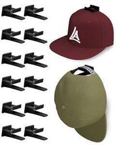 LokiEssentials Adhesive Hat Rack Display Hooks for Wall & Door (12 Pack) Baseball Cap Holder, Closet & Storage Organizer, Strong Cap Hanger for Room & Mancave, No Drilling, USA Patent Pending (Black)