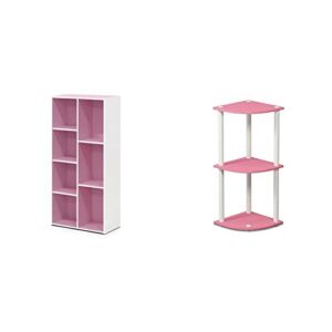 Furinno 7-Cube Reversible Open Shelf, White/Pink 11048WH/PI & Turn-N-Tube 3-Tier Reversible Corner Display Rack Multipurpose Shelving Unit, Pink/White