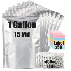 30pcs 1 Gallon Mylar Bags for Food Storage (15 Mil Extra Thick 7.5 Mil Each Side) with Oxygen Absorbers 400CC (40pcs), 10″x14″ Heat Sealable Zipper Mylar Bags for Long Term Food Storage