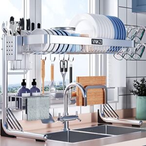 VNKZI Over Sink Dish Drying Rack, 2 Tier Full Stainless Steel Storage Adjustable Length (25.98”~36.61”) Kitchen Rack, Multifunctional Expandable Counter Organizer Shelf, Space Saver Dish Rack