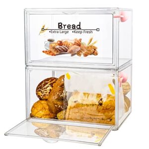 2PCS Large Bread Box for Kitchen Countertop, Stackable Double Layer Bread Storage Container, Clear Bread Boxes for Kitchen Counter, Bread Keeper for Homemade Bread, Bagel, Muffins, Rolls