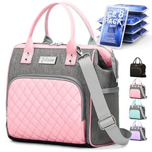 Lunch Bag Women Insulated: Lunch Box for Women Adults – Leakproof Large Purse Lunch Tote Bags for Women with Adjustable Shoulder Strap Zipper Side Pockets for Work, Office With 8 Ice Packs – Pink