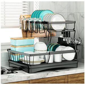 7 code Large Dish Drying Rack,2-Tier Dish Racks for Kitchen Counter,Detachable Large Capacity Dish Drainer Organizer with Utensil Holder, Dish Drying Rack with Drain Board ,Black