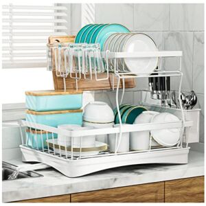 Large Dish Drying Rack,2-Tier Dish Racks for Kitchen Counter,Detachable Large Capacity Dish Drainer Organizer with Utensil Holder, Dish Drying Rack with Drain Board ,White