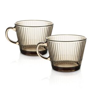 Joeyan Clear Glass Coffee Mugs Espresso Demitasse Cups Tea Cup,Amber Cappuccino Latte Aesthetic Mug,Wide Mouth Ribbed Drinking Glasses for Milk Cereal Ice Cream Yogurt,13.5 oz,Set of 2,Dishwasher Safe