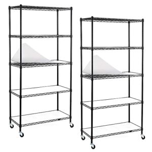 2-Pack 5-Shelf Shelving Units and Storage on Wheels with 5-Shelf Liners, NSF Certified, Adjustable Carbon Steel Wire Shelving Unit Rack for Garage, Kitchen, Office, Black (63H X 30W X 14D)