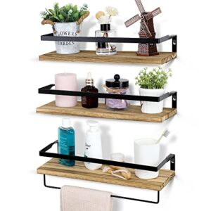 Set of 3, Wall Floating Bathroom Shelves with 1 Towel Bar – Wall Mounted Hanging Shelf for Bedroom, Living Room, Kitchen Storage Organizer – Rustic Farmhouse Bathroom Home Decor – Light Brown