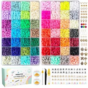 14600pcs Clay Beads for Bracelets Making Kit, 56 Colors Polymer Heishi Flat Clay Beads Charms for Jewelry Earring Making Kit Smiley Face Letter Beads with Necklace Strings Stuff Gift for Girls 6-12