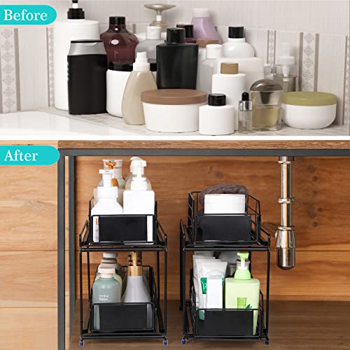 Under Sink Rack Organizer with Sliding Drawers Basket Storage, 2 Tier Bathroom Under Cabinet Basket Organizers, 2 Pack Bath Under Sink Storage With Pull Out Metal Drawers, Black | The Storepaperoomates Retail Market - Fast Affordable Shopping