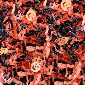 UNIQOOO 1LB Halloween Metallic Black Orange Crinkle Cut Paper with Pumpkin Confetti, Trick or Treat Candy Gift Basket Box Shredded Paper Raffia Filler, Craft Bedding Cushion, Birthday Party Packaging