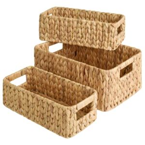 StorageWorks Water Hyacinth Storage Baskets, Square Wicker Baskets with Built-in Handles, Hand-Woven Baskets for Bedroom, Bathroom, Pantry, Kitchen, Set of 3 (1PC Large, 2PCS Medium)