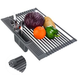 Roll-Up Dish Drying Rack, Multifunctional Rollable Over Sink Dish Rack with Utensil Holder, Foldable Silicone Wrapped Steel Drain Rack for Kitchen Sink Counter, 16.85″(L) x 12″(W)