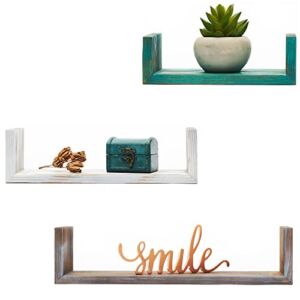 Ecohome Set of 3 Multi-Color Floating Shelves, Easy-to-Assemble Floating Wall Mount Shelves for Bedrooms and Living Rooms (Brown, White, Green)