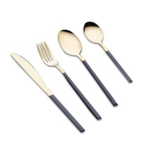 4 Pcs Stainless Steel Flatware Set, Black Gold Modern Cutlery Set Mirror Polished Knife Fork Spoon for Home, Kitchen, Including Place Knife, Fork, Spoon, Teaspoon, One Size (xiejinhong2)