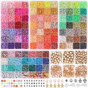 QUEFE 12600pcs, 105 Colors, Clay Beads for Bracelets Making Kit, Polymer Heishi Flat Beads with 260pcs Letter Beads for DIY Jewelry Marking Bracelets Necklace, 6mm, Christmas Crafts Gifts